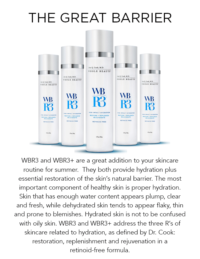 WBR3 and WBR3 Plus are a great addition to your skincare routine for summer.  They both provide hydration plus essential restoration of the skins natural barrier. The most important component of healthy skin is proper hydration. Skin that has enough water content appears plump, clear and fresh, while dehydrated skin tends to appear flaky, thin and prone to blemishes. Hydrated skin is not to be confused with oily skin. WBR3 and WBR3+ address the three Rs of skincare related to hydration, as defined by Dr. Cook: restoration, replenishment and rejuvenation in a retinoid-free formula.