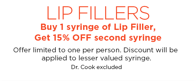 Buy 1 lip filler syringe, save 15 percent off second syringe. Savings applies to lesser value syringe.